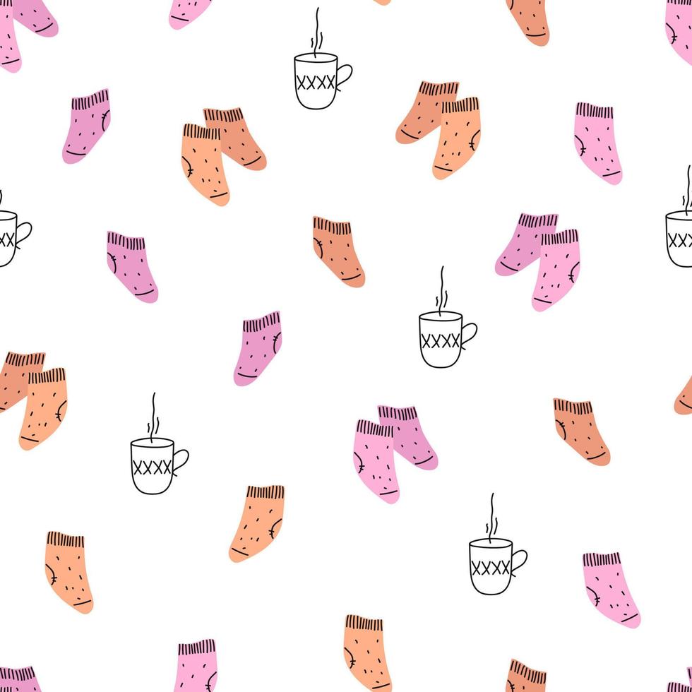 motif mignon vectorielle continue avec des chaussettes tricotées et une tasse de thé. concept hygge. vecteur