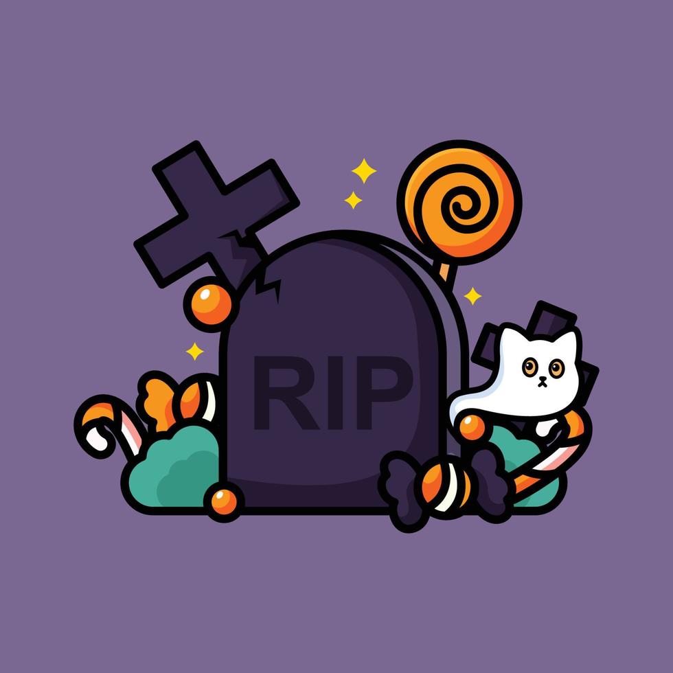 cimetière d'halloween rempli de bonbons et de fantômes de chat vecteur