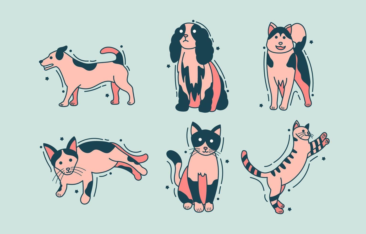 ensemble de tatouage simple chat et chien dessin animé mignon vecteur