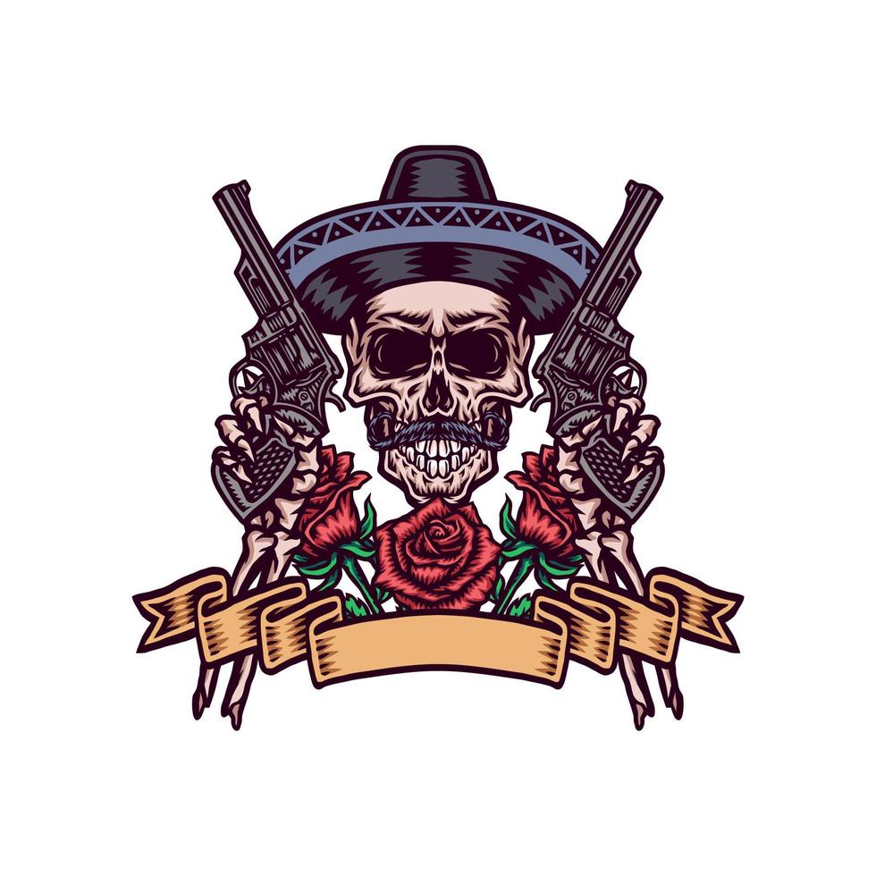 crâne mexicain avec des fusils, ligne dessinée à la main avec couleur numérique, illustration vectorielle vecteur