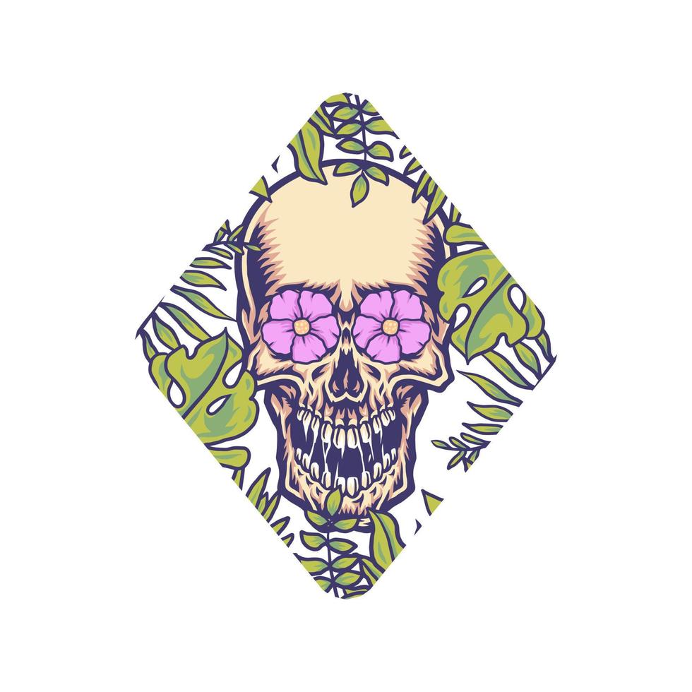 crâne avec bordure tropicale, ligne dessinée à la main avec couleur numérique, illustration vectorielle vecteur