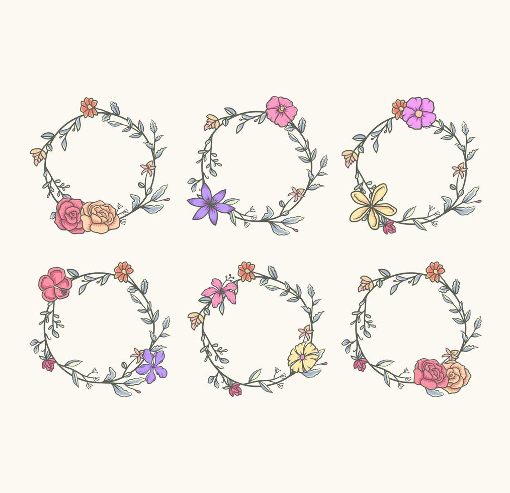 ensemble de beau cadre rond avec des fleurs, ligne dessinée à la main avec couleur numérique, illustration vectorielle vecteur
