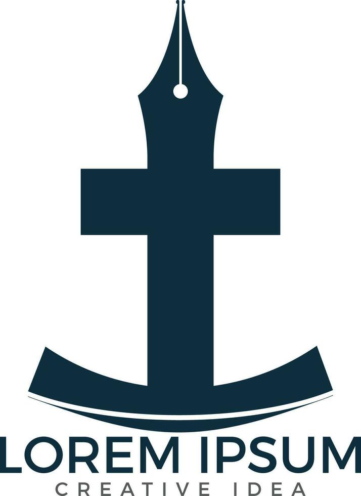 création de logo vectoriel église chrétienne. crucifixion et icône de pointe de stylo. symbole éducatif religieux. cours d'apprentissage et d'enseignement de la Bible.
