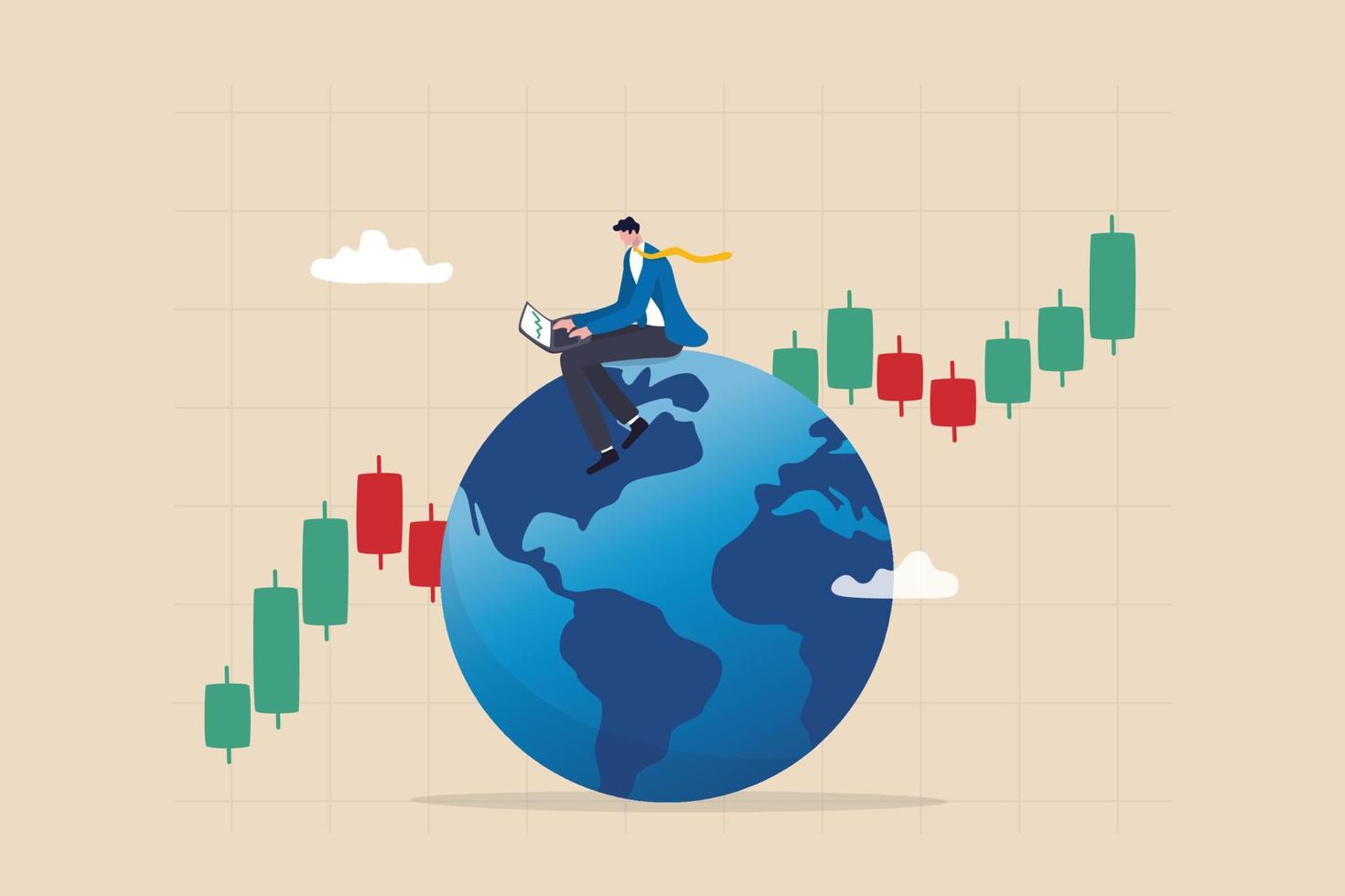 marché boursier mondial, investissement mondial ou international, analyse financière ou croissance des bénéfices, concept de négociation d'actions, investisseur d'homme d'affaires intelligent négociant sur un ordinateur portable sur le globe avec un graphique financier. vecteur