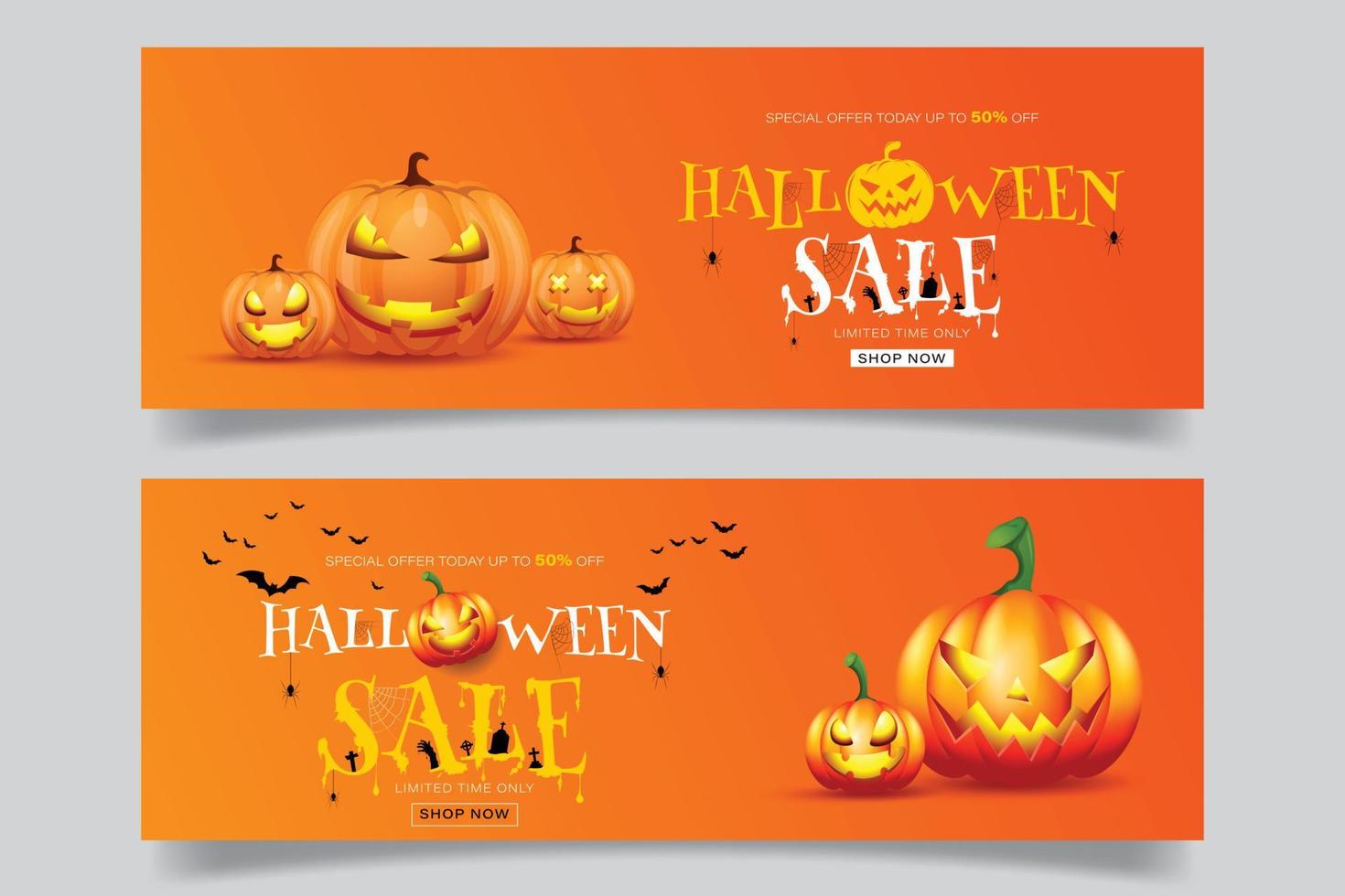 Halloween 50 de réduction. affiche ou bannière de promotion de vente avec citrouille d'halloween. illustration vectorielle eps 10 vecteur