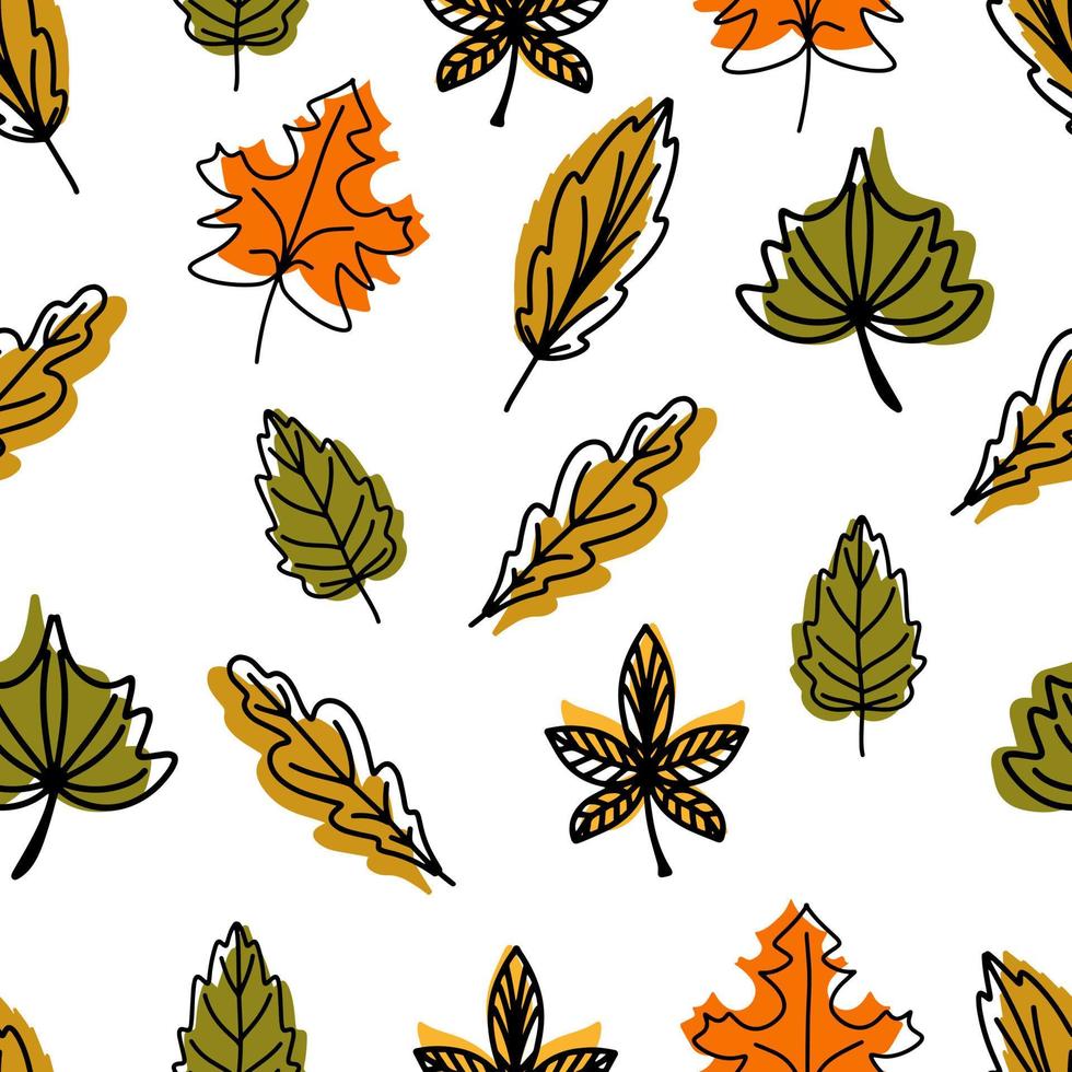 motif linéaire harmonieux de feuilles d'automne tombées de différentes formes. fond d'automne, affiche avec différents niveaux. éléments d'automne saisonniers pour créer des cartes postales, des invitations, un style plat de dessin animé vecteur