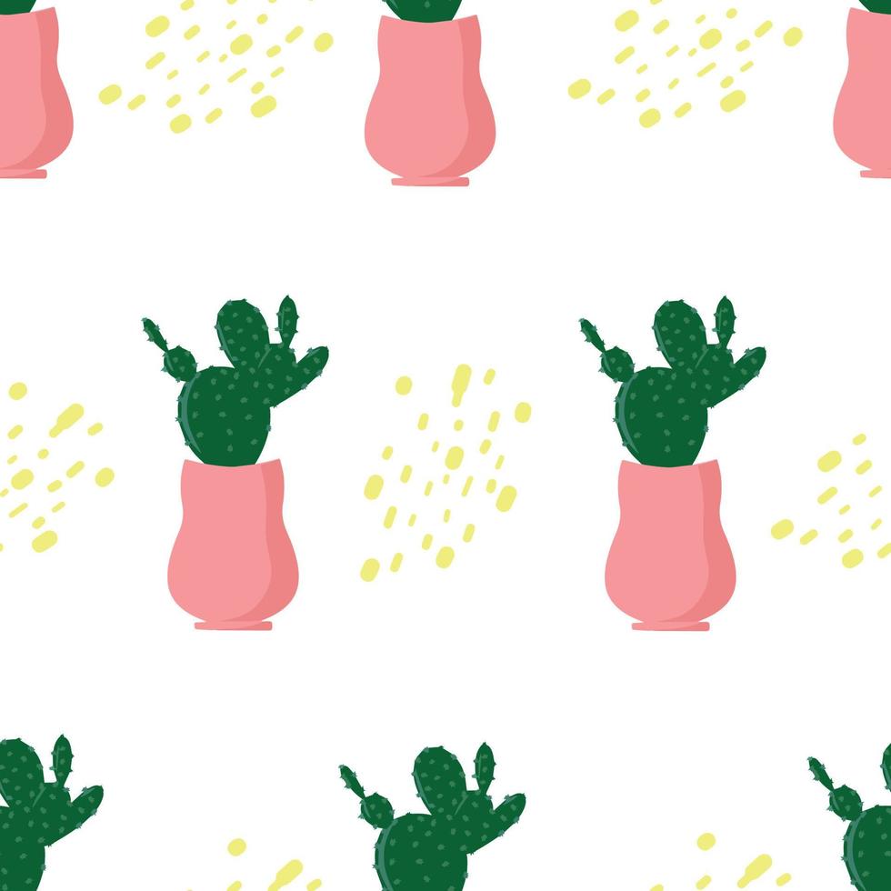 modèle sans couture avec cactus, modèle avec cactus et bâtons, thème d'été, cactus mignons dans des pots, style de dessin mignon et dessin animé, couleurs douces et pastel, illustration vectorielle avec plantes d'intérieur vecteur