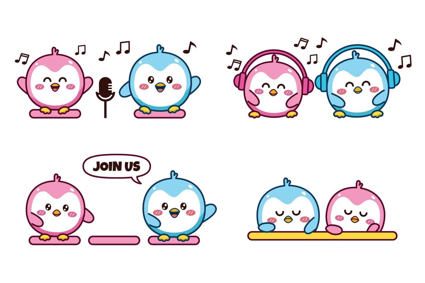 ensemble de joli couple kawaii petit pingouin bleu et rose pour les médias sociaux autocollant emoji chantant avec casque et microphone rejoignez-nous émoticône ennuyeuse ou triste vecteur