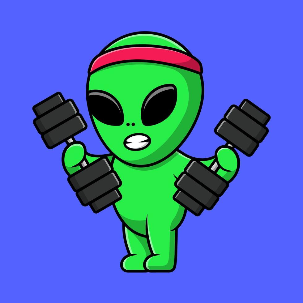 illustration d'icône vectorielle de dessin animé d'haltères de levage extraterrestre mignon. concept de dessin animé plat vecteur