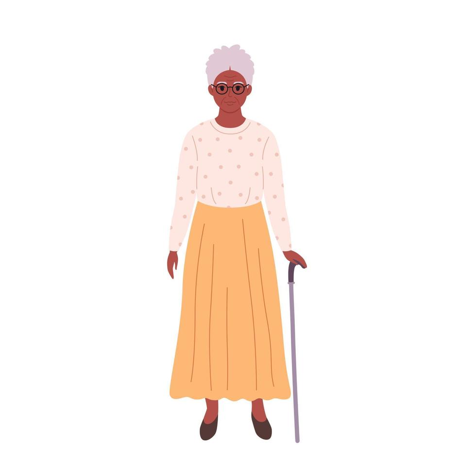 femme afro-américaine âgée aux cheveux gris en lunettes et tissu élégant avec canne. grand-mère senior souriante en tenue moderne. femme à la retraite. vecteur