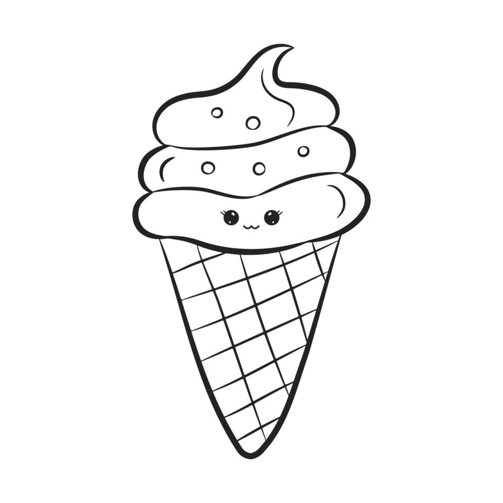 Cône de gaufre de crème glacée kawaii isolé sur fond blanc. crème glacée avec un joli visage heureux dans un style doodle. livre de coloriage. illustration vectorielle vecteur