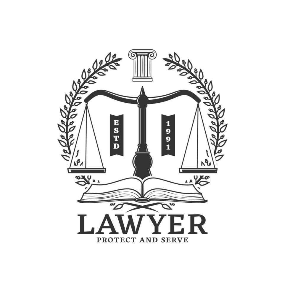 icône d'avocat avec balance ou justice et livre vecteur