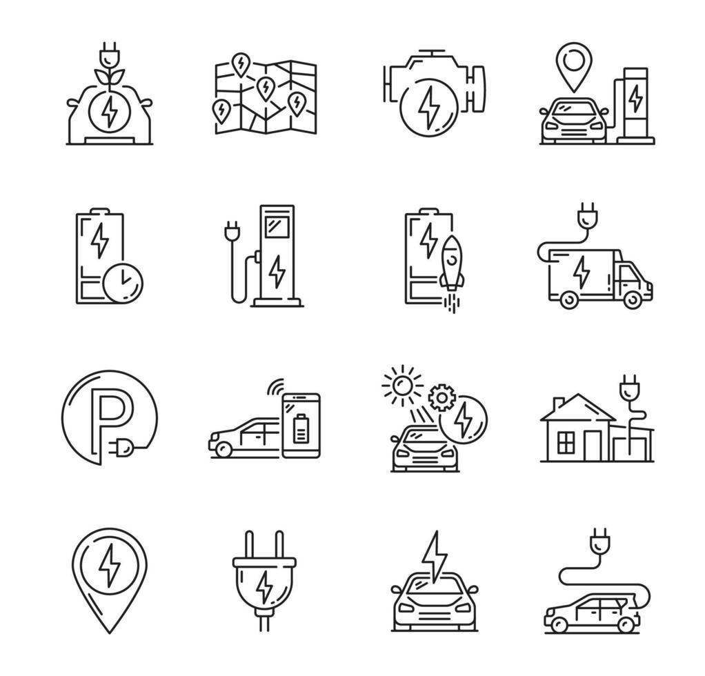 icônes de contour de charge de voiture électrique, station de batterie vecteur
