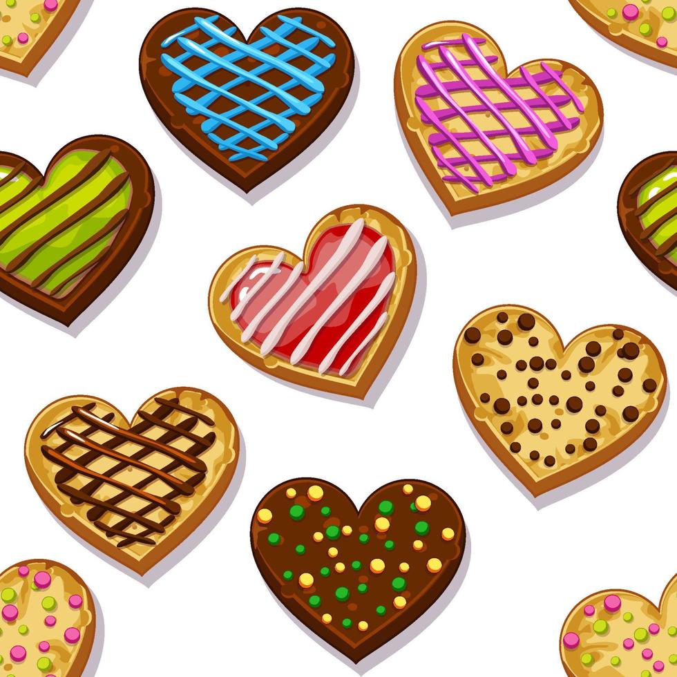 forme de coeur de biscuits sucrés modèle sans couture avec glaçage. illustration vectorielle fond mignon texturé avec des bonbons colorés pour la conception. vecteur