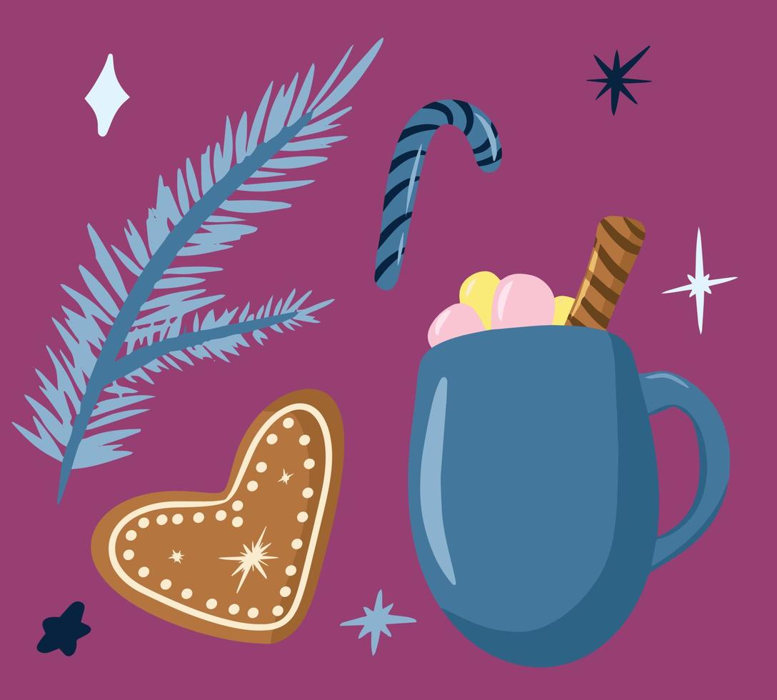 une collection d'éléments d'hiver confortable, un ensemble d'hygge avec des éléments d'hiver, un délicieux café, un chocolat chaud, une branche de sapin, une guirlande dans le style loft, une illustration de dessin animé, des cliparts, du pain d'épice vecteur