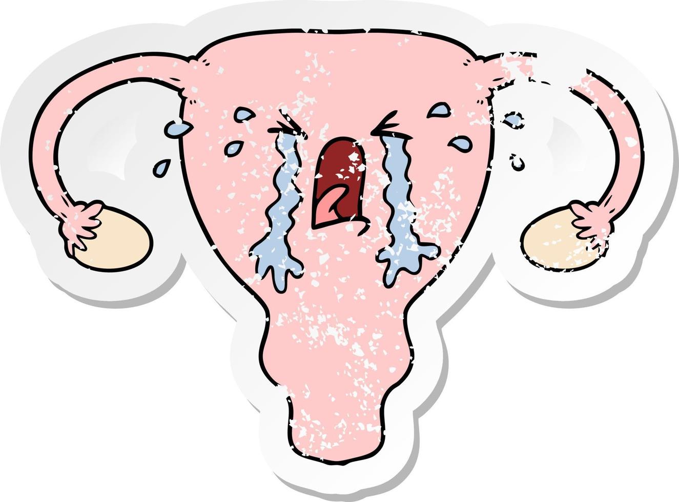 autocollant en détresse d'un utérus de dessin animé qui pleure vecteur