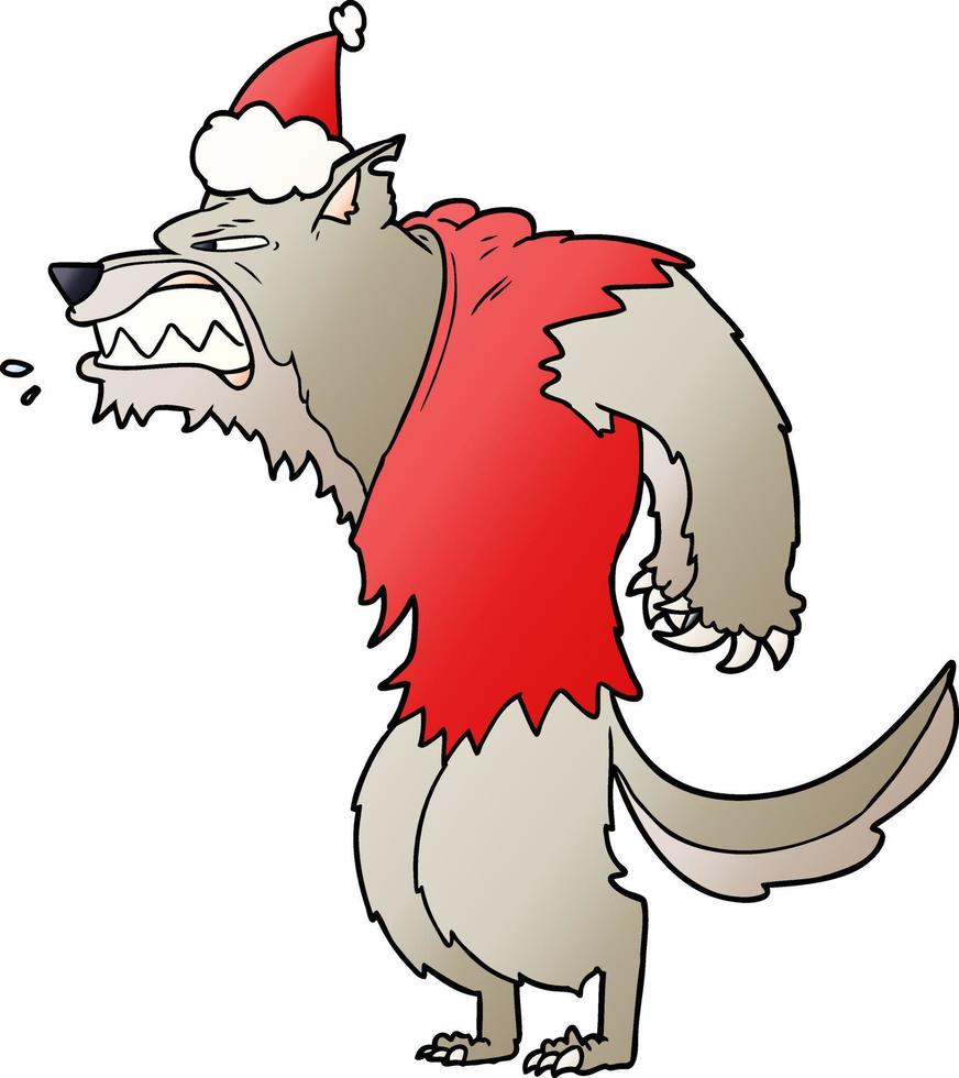 caricature de dégradé de loup-garou en colère d'un bonnet de noel vecteur