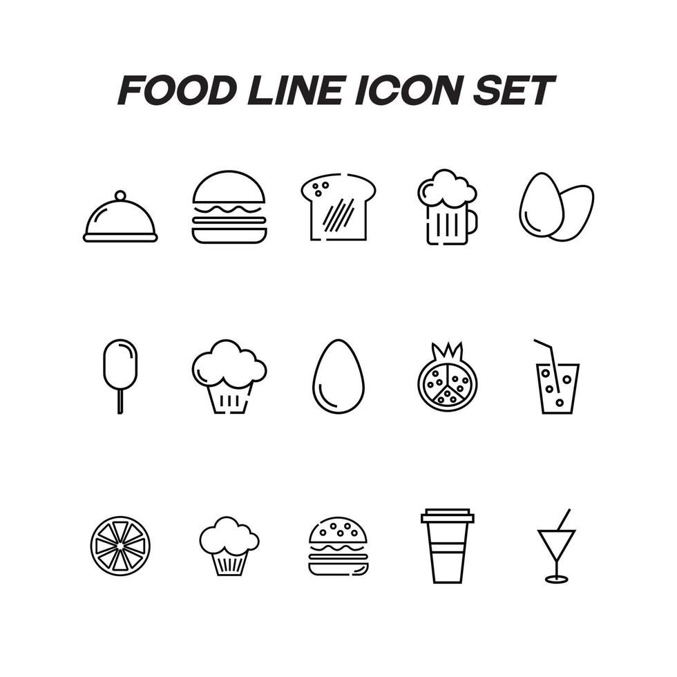 concept de nourriture et de boissons. symbole de plan moderne et trait modifiable. pack d'icônes de ligne comprenant des signes de bol avec cloche, hamburger, pain, oeuf, ours, grenade, cupcake, cocktail vecteur