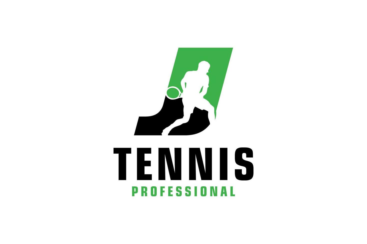 lettre j avec création de logo de silhouette de joueur de tennis. éléments de modèle de conception de vecteur pour l'équipe sportive ou l'identité d'entreprise.