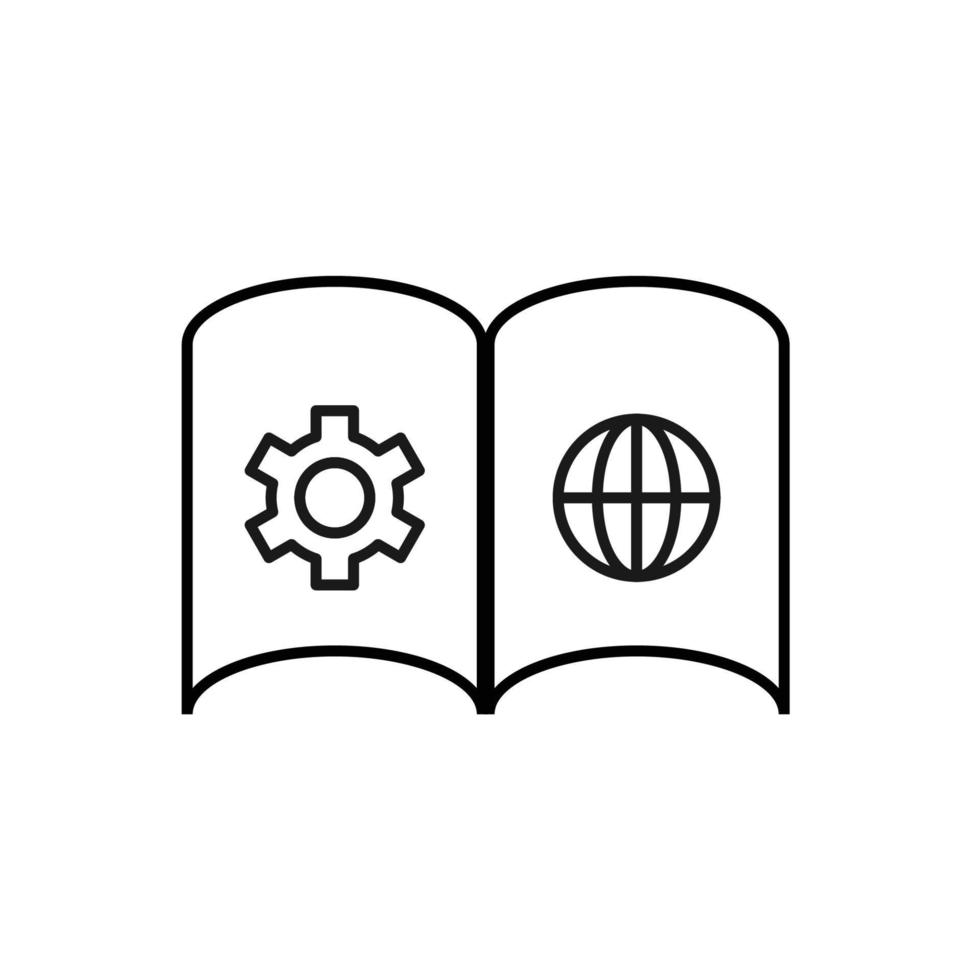 symbole de contour vectoriel adapté aux pages Internet, sites, magasins, magasins, réseaux sociaux. trait modifiable. icône de ligne d'engrenage et de globe sur les pages du livre ouvert