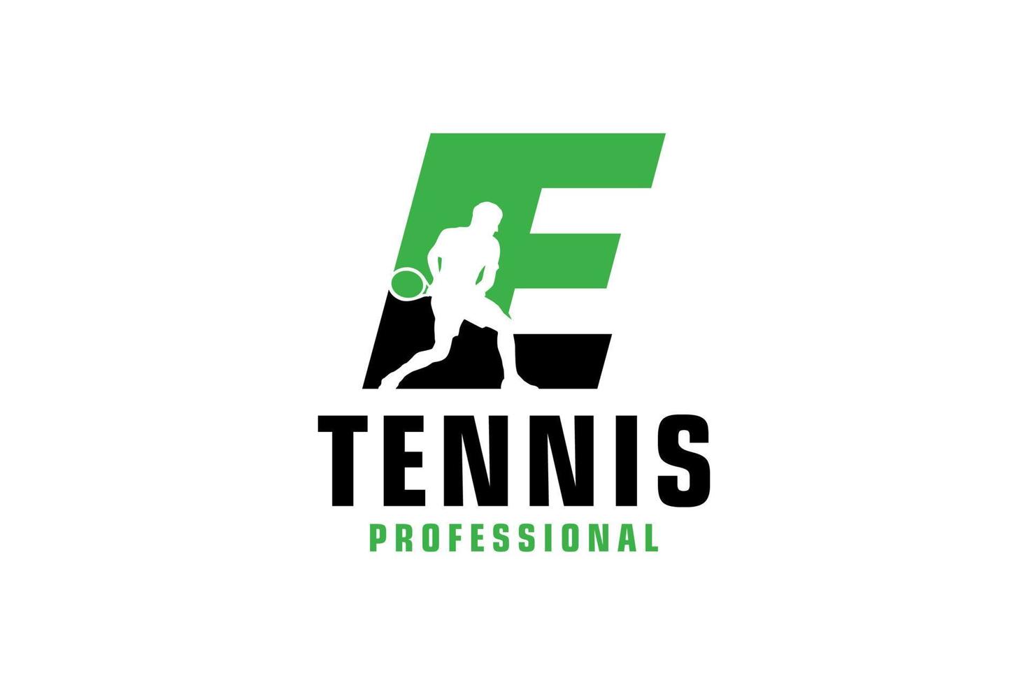 lettre e avec création de logo de silhouette de joueur de tennis. éléments de modèle de conception de vecteur pour l'équipe sportive ou l'identité d'entreprise.