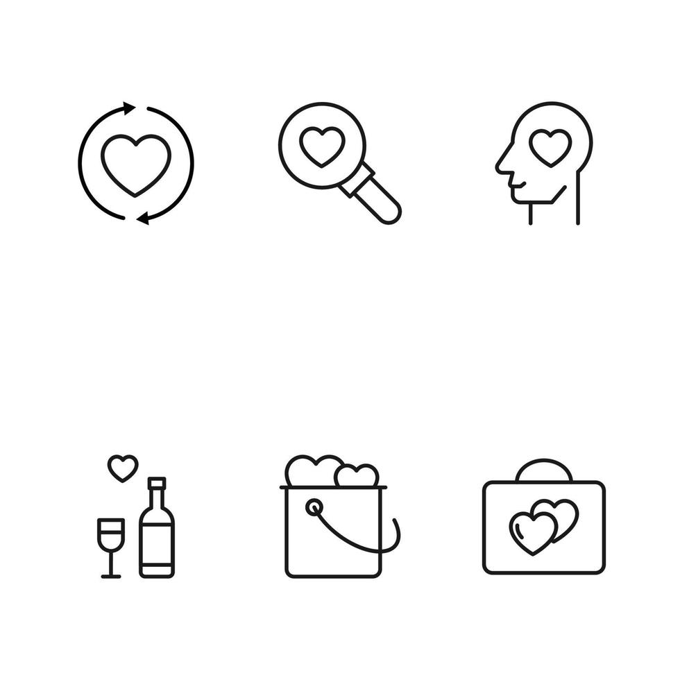 concept d'amour et de romance. symboles vectoriels dans un style plat moderne. jeu d'icônes de ligne de coeur comprenant des icônes de coeur à l'intérieur des flèches, de la loupe, de la tête, du sac à dos et du seau vecteur