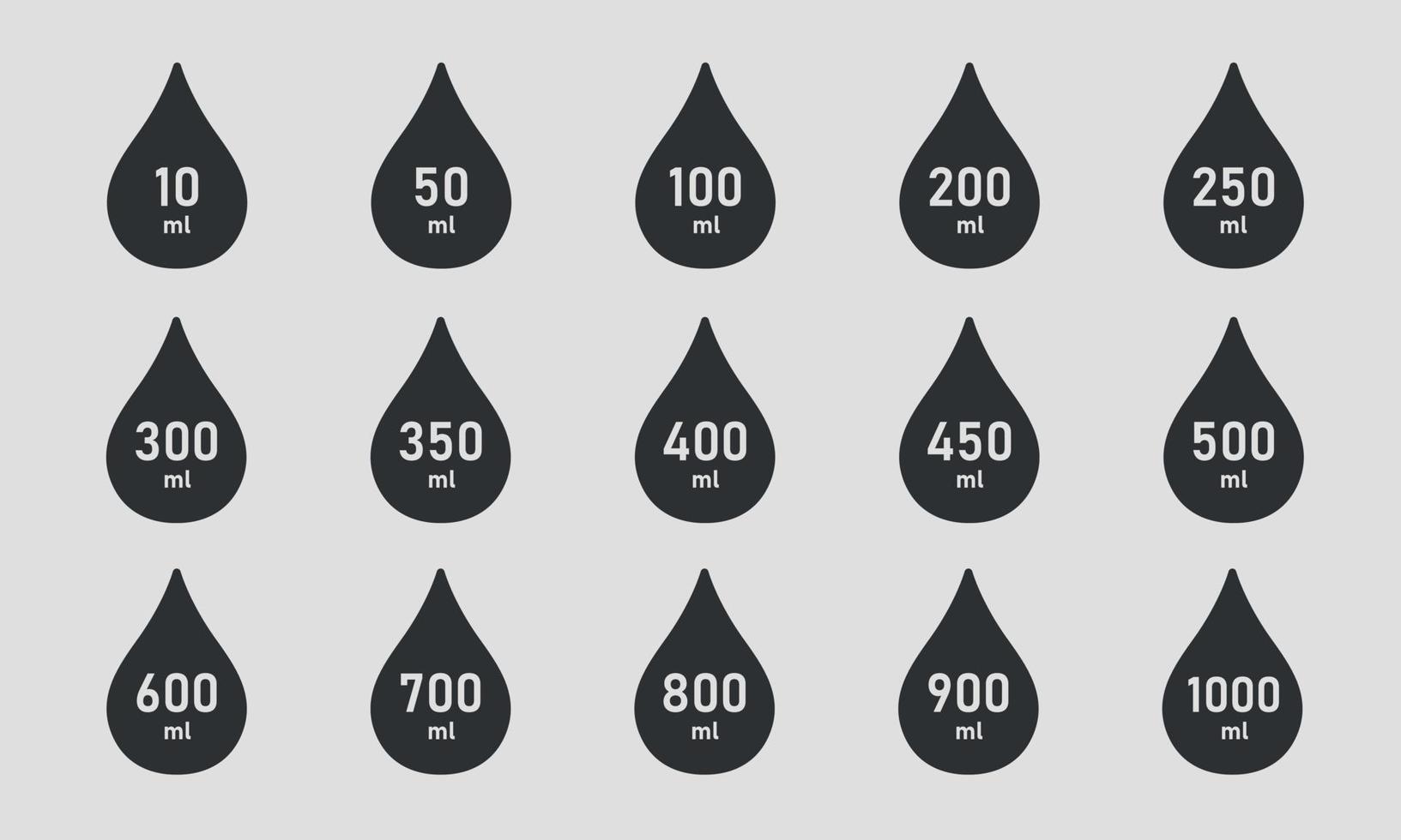 mesure du jeu d'icônes de silhouette de volume. une goutte de liquide d'une valeur comprise entre 10 et 1000 millilitres. symboles de capacité en eau. échelle pour liquide ou ingrédient. illustration vectorielle vecteur