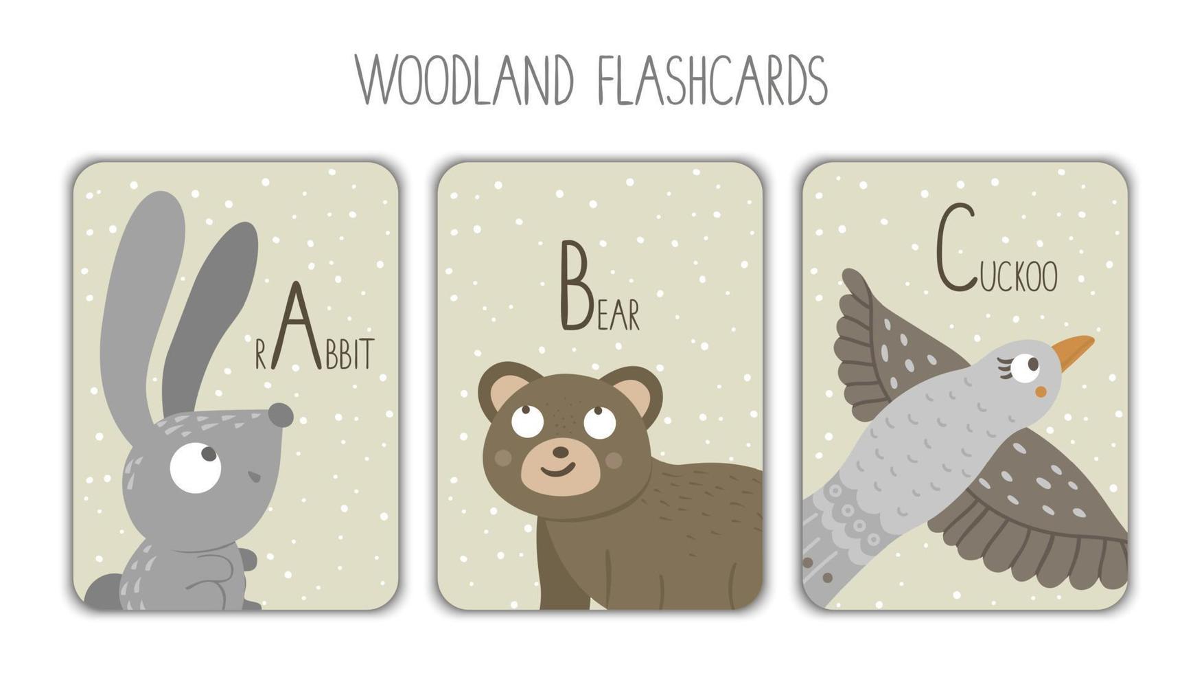 lettres de l'alphabet coloré a, b, c. flashcard phonétique. adorables cartes abc sur le thème des bois pour enseigner la lecture avec un drôle de lapin, un ours, un coucou. vecteur