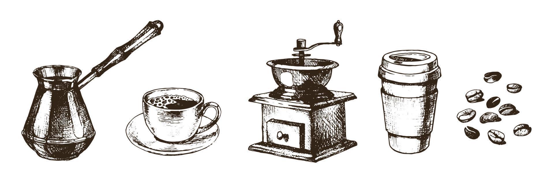 collection de café de vecteur dans un style dessiné à la main à l'encre. tasse de café, café à emporter tasse en papier, cezve, moulin à café, haricots, isolé sur blanc