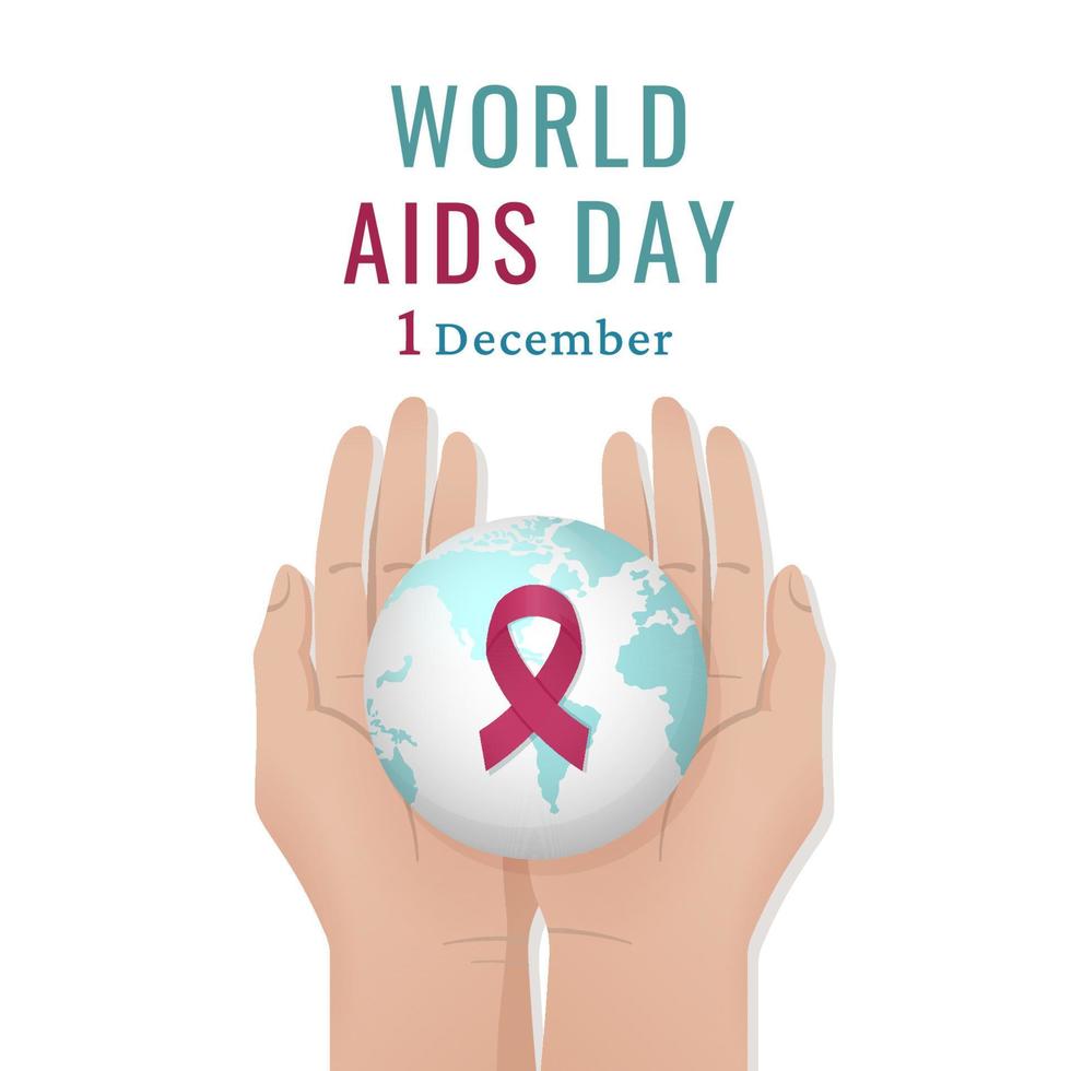 journée mondiale du sida. aide à la prise de conscience. ruban rouge et monde entre les mains sur fond blanc. illustration vectorielle. vecteur