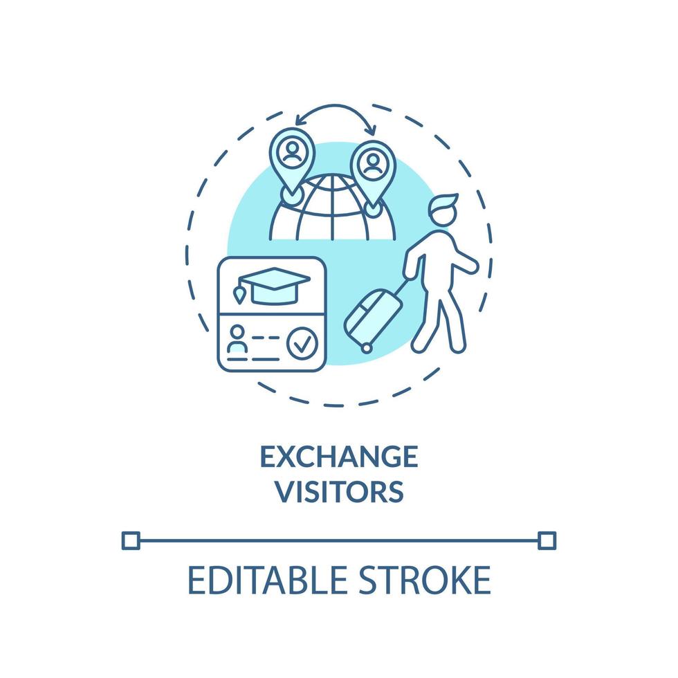 icône de concept turquoise de visiteurs d'échange. étudiants étrangers. illustration de la ligne mince de l'idée abstraite des passages migratoires. dessin de contour isolé. trait modifiable. arial, myriade de polices pro-gras utilisées vecteur