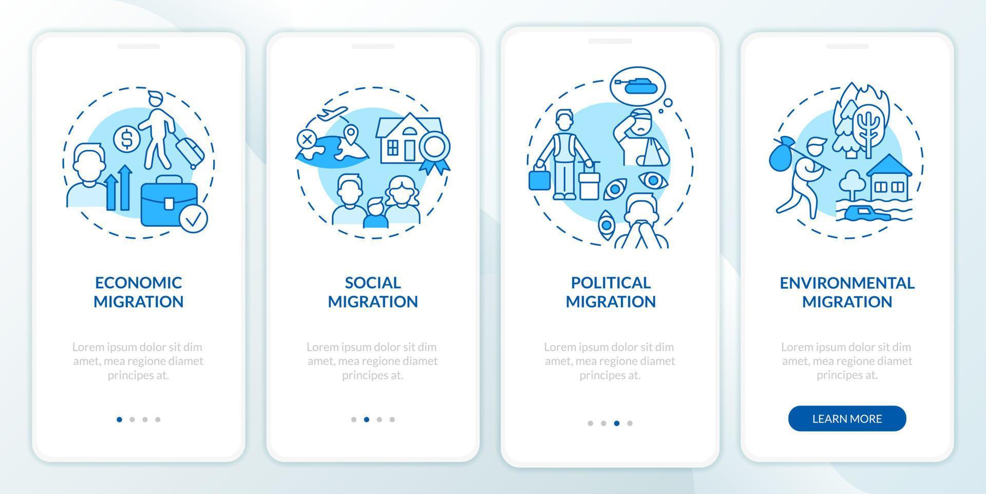 raisons de la migration de l'écran bleu de l'application mobile d'intégration. quitter la patrie pas à pas en 4 étapes pages d'instructions graphiques avec des concepts linéaires. ui, ux, modèle d'interface graphique. myriade de polices pro-gras régulières utilisées vecteur