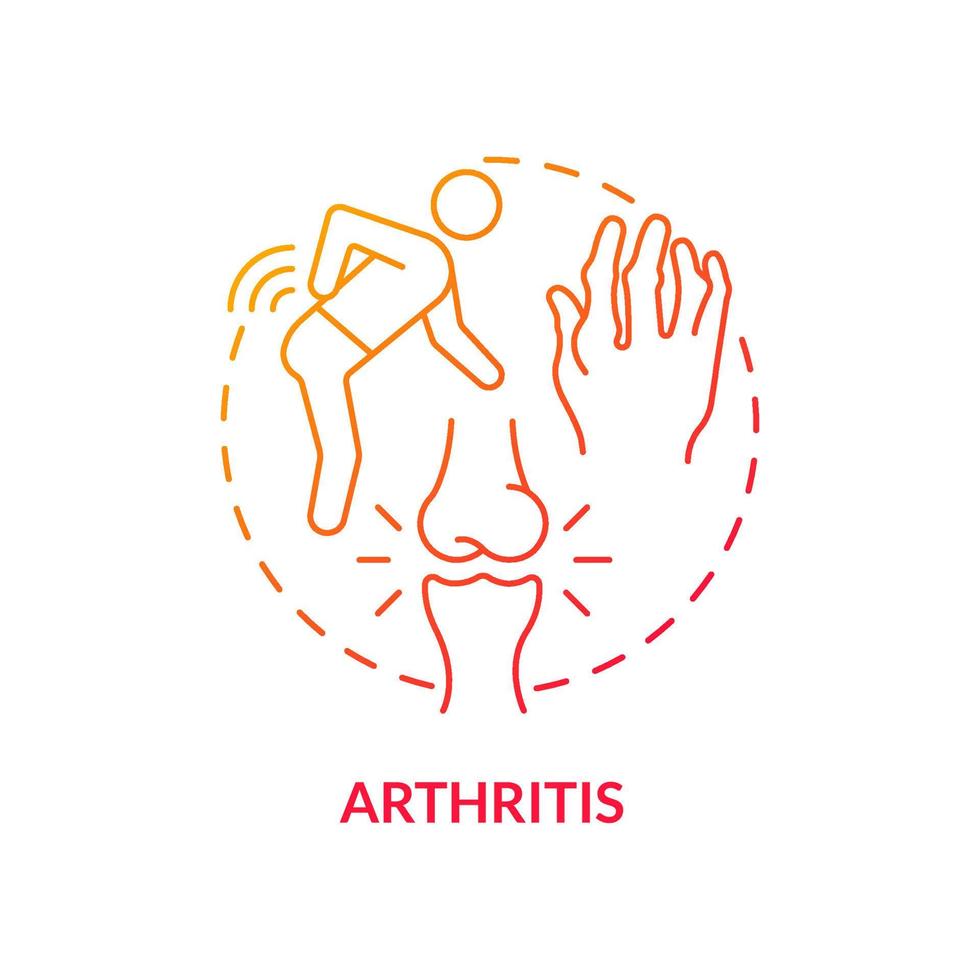 icône de concept de gradient rouge d'arthrite. les troubles articulaires provoquent une illustration de ligne mince d'idée abstraite. maladie auto-immune. douleurs articulaires chroniques. dessin de contour isolé. une myriade de polices pro-bold utilisées vecteur