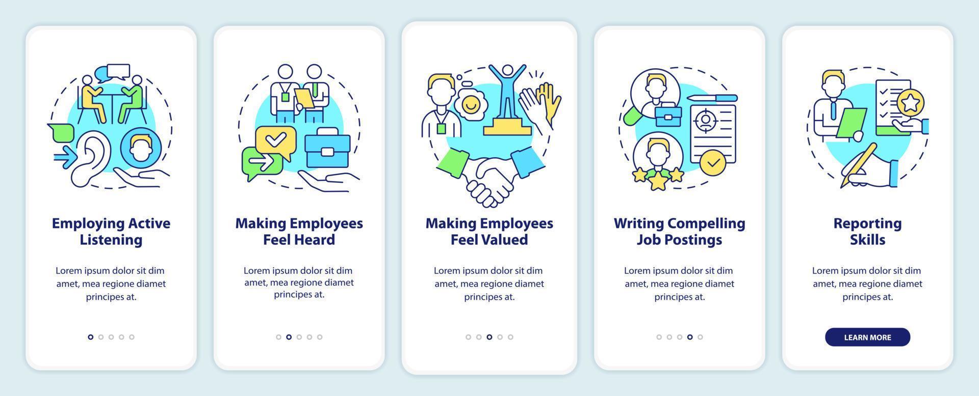 écran d'application mobile d'intégration des compétences professionnelles rh. procédure de recrutement pages d'instructions graphiques en 5 étapes avec des concepts linéaires. ui, ux, modèle d'interface graphique. une myriade de polices pro-gras régulières utilisées vecteur