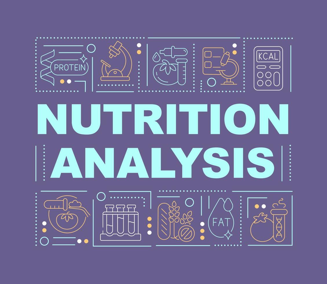 concepts de mots de tests nutritionnels bannière violet foncé. tests de sécurité alimentaire. infographie avec des icônes sur fond de couleur. typographie isolée. illustration vectorielle avec texte. police arial-black utilisée vecteur