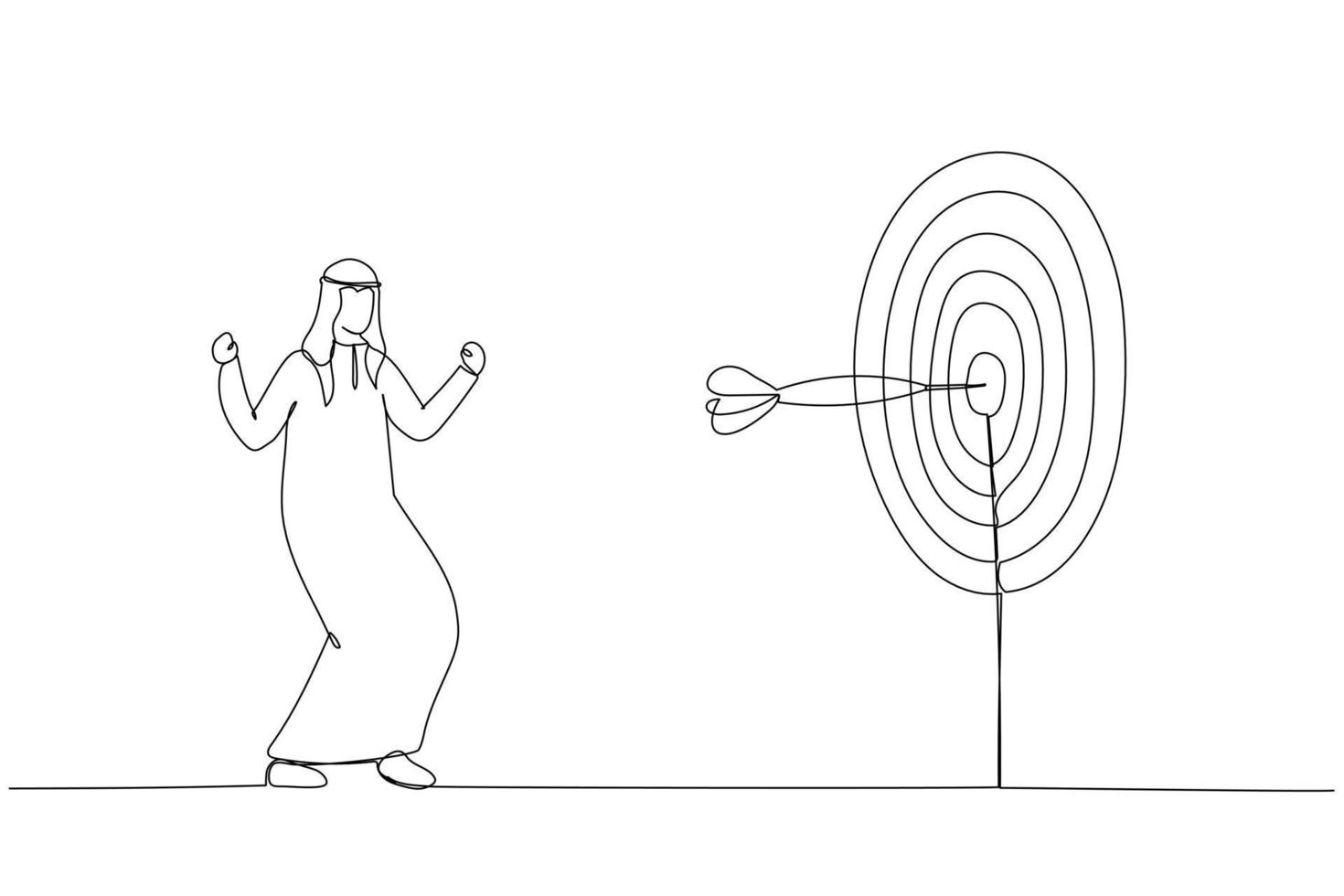 dessin d'un homme d'affaires arabe frappant le centre de la cible. concept d'idée d'entreprise. style d'art en ligne continue unique vecteur
