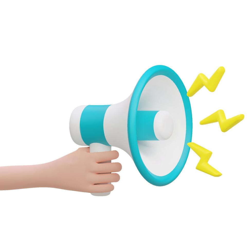 Main de dessin animé 3d tenant un mégaphone avec illustration vectorielle de foudre marketing des médias sociaux. haut-parleur publicitaire de promotion vecteur