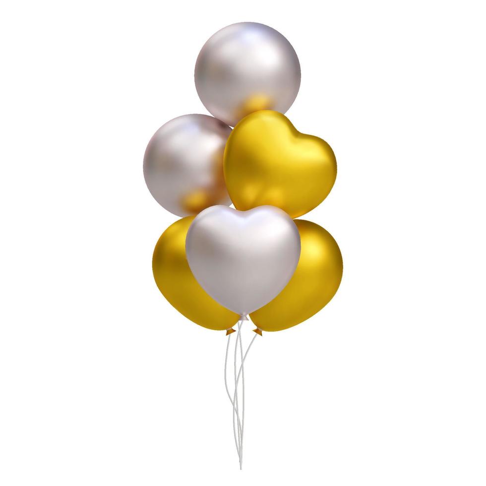 bouquet de ballons dorés et argentés 3d réalistes, en forme de coeur. décoration d'illustration vectorielle pour carte, fête, design, flyer, affiche, bannière, web, publicité vecteur