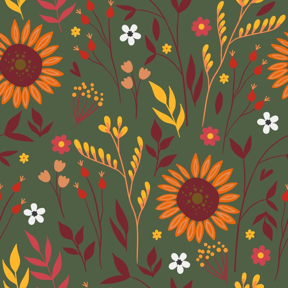 modèle sans couture avec des fleurs et des feuilles d'automne. graphiques vectoriels. vecteur