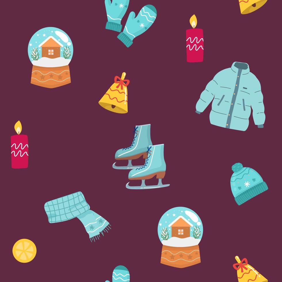 modèle sans couture de vacances, biscuits de noël. écharpe, boule de verre, bougie, chapeau, veste, cloche, patins collection d'affiches d'hiver de noël. texture créative pour l'emballage, le textile, le papier peint. illustration vectorielle. vecteur