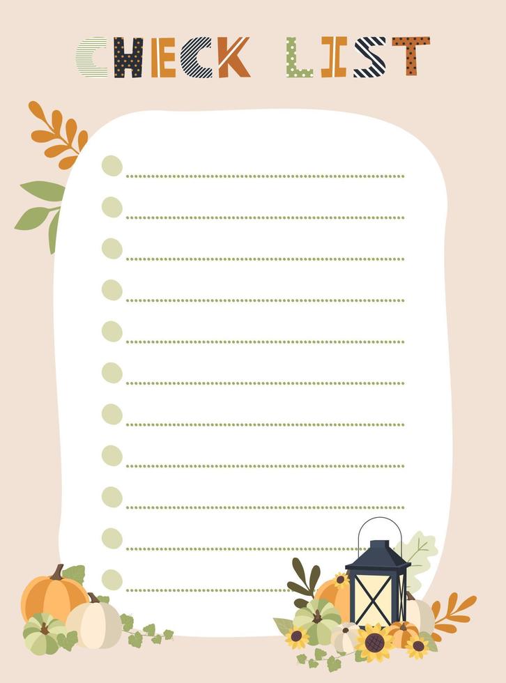 modèle de liste de contrôle. illustration vectorielle avec des éléments d'automne pour le planificateur. mignon et tendance. vecteur