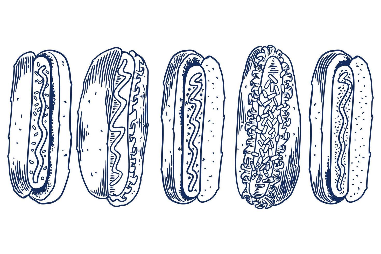 Gravure alimentaire dessin à la main ensemble de hot-dog isolé sur fond blanc vecteur