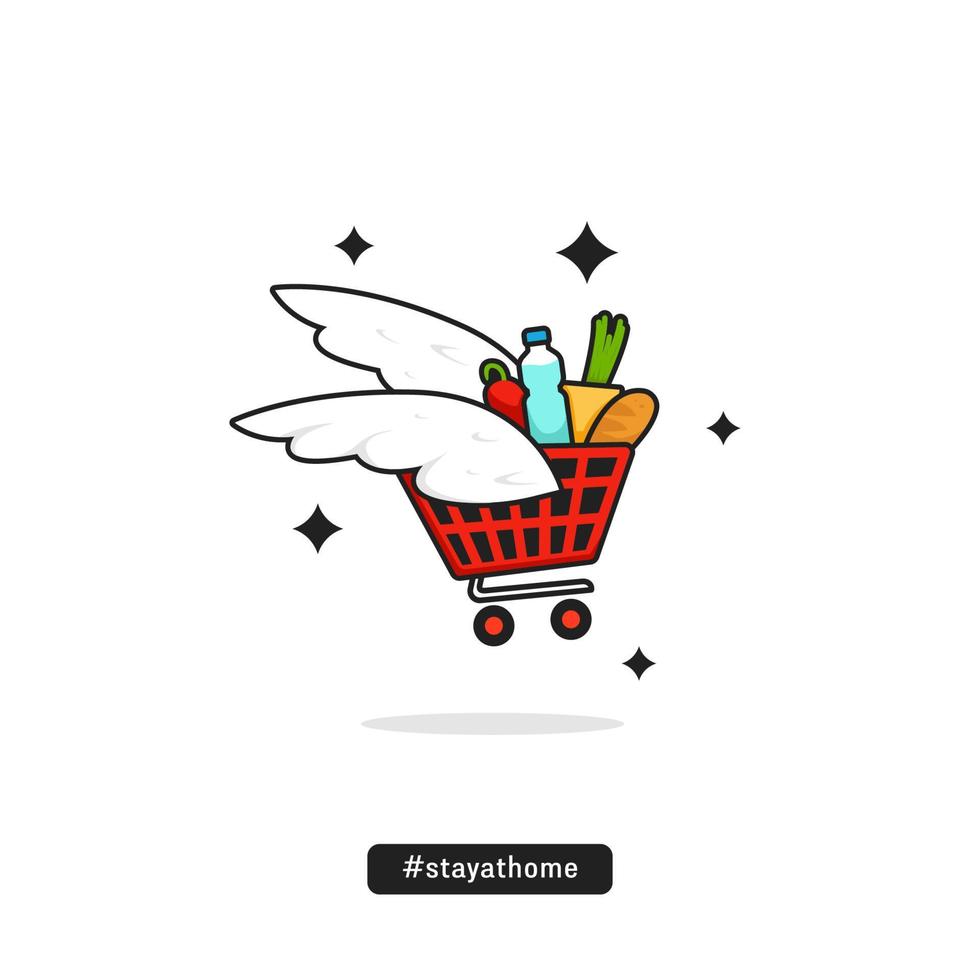 illustration vectorielle de livraison de supermarché de marchandises quotidiennes avec caddie volant avec aile en style cartoon vecteur