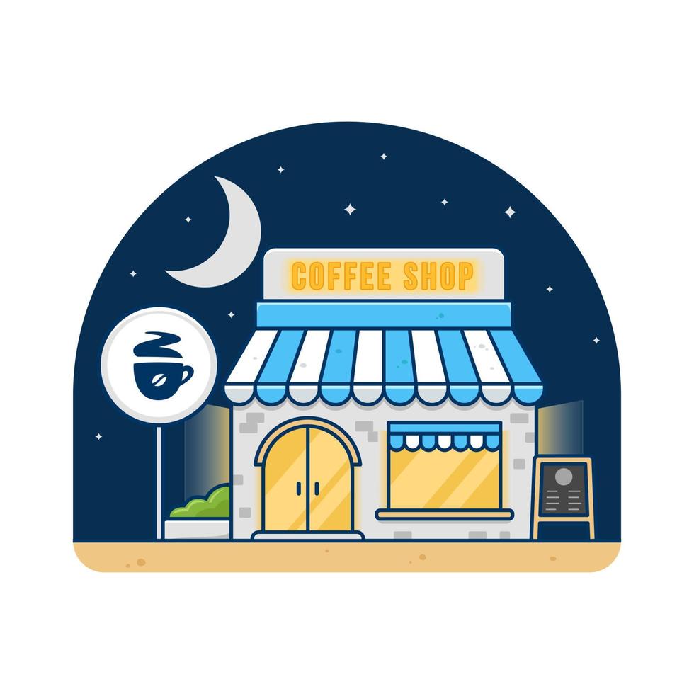 bâtiment de café de café dans l'illustration plate de vecteur de nuit
