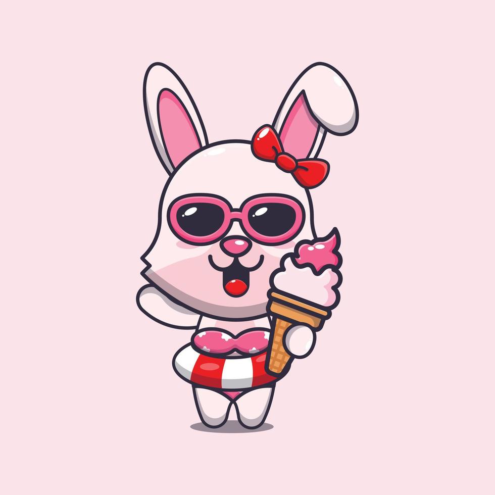 lapin mignon avec de la glace sur l'illustration de dessin animé de plage. vecteur