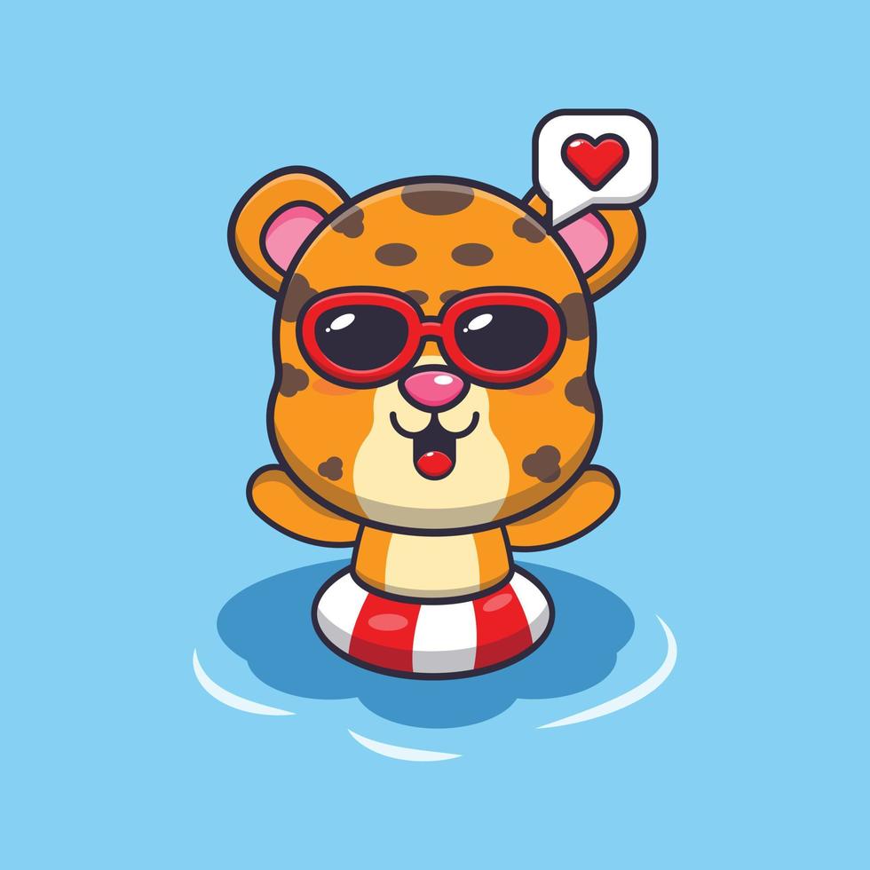 léopard mignon à lunettes de soleil nageant sur l'illustration de dessin animé de plage vecteur