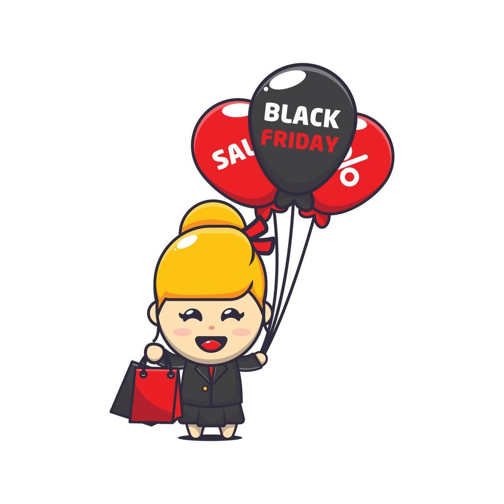 femme d'affaires mignonne en illustration de mascotte de dessin animé vente vendredi noir vecteur