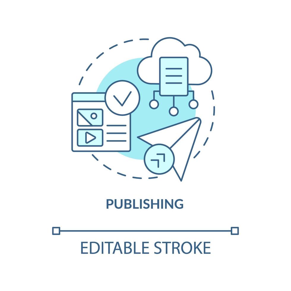 icône de concept turquoise de publication. système de gestion de contenu fonctionnalité idée abstraite illustration en ligne mince. éléments médiatiques. dessin de contour isolé. trait modifiable. vecteur