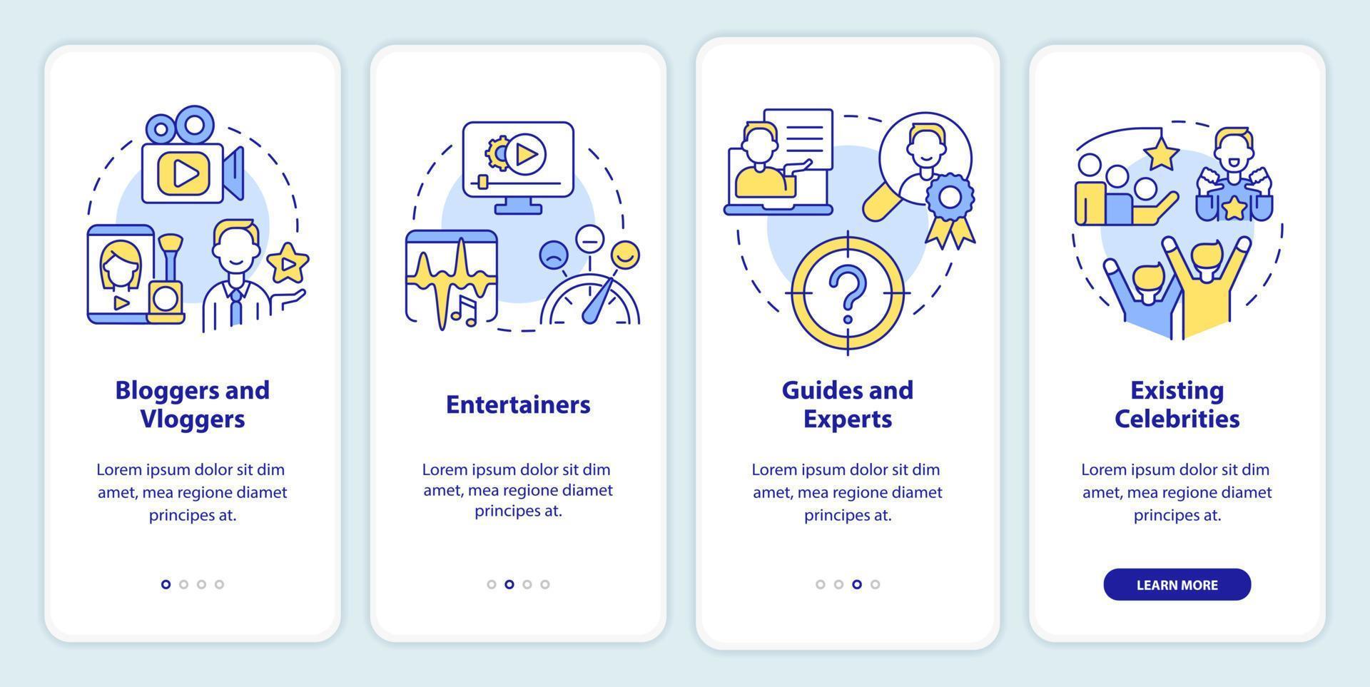 types de créateurs embarquant l'écran de l'application mobile. Procédure pas à pas des créateurs de contenu Instructions graphiques modifiables en 4 étapes avec des concepts linéaires. ui, ux, modèle d'interface graphique. vecteur