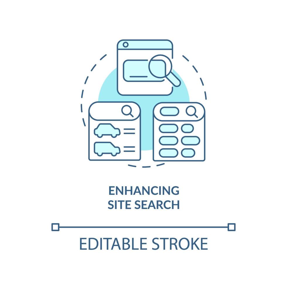 amélioration de l'icône de concept turquoise de recherche de site. façon d'utiliser l'illustration de la ligne mince de l'idée abstraite du contenu dynamique. dessin de contour isolé. trait modifiable. vecteur